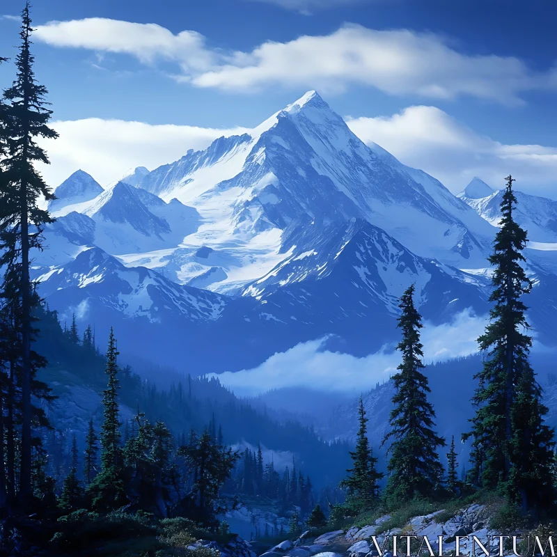 Serene Mountain Landscape with Snow and Trees AI Image