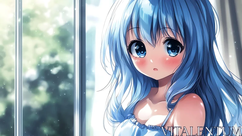 Adorable Anime Girl Portrait with Blue Hair AI Image