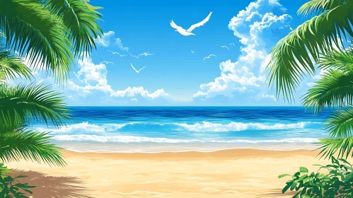 Seaside Bliss: Palm Trees and Seagulls