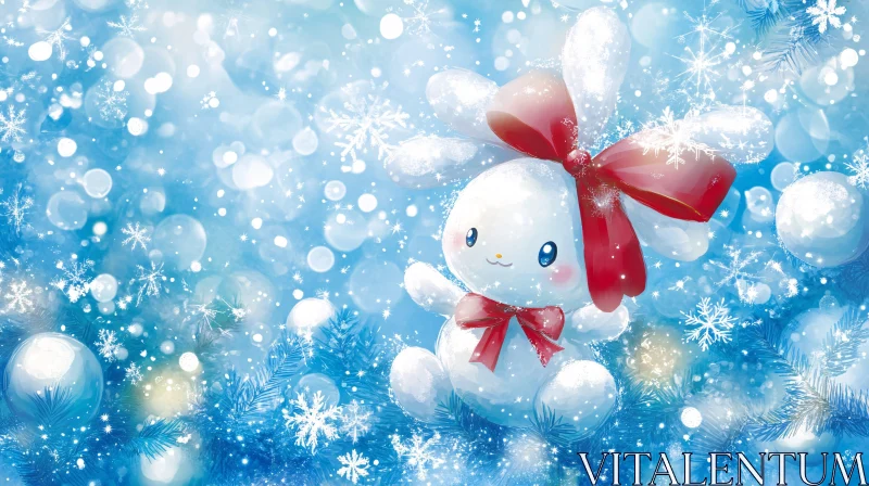 Whimsical Winter Rabbit with Red Bow AI Image