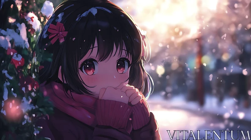 Anime Girl with Red Scarf in Snow AI Image