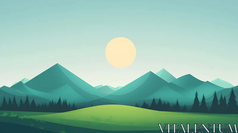 Minimalist Mountain Scene with Rising Sun AI Image