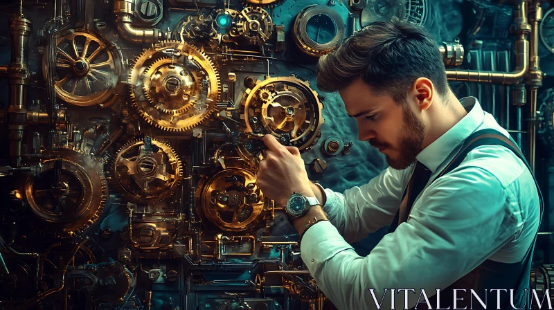 AI ART Man Working on Steampunk Gears