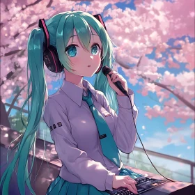 Anime Vocalist in Cherry Blossom Setting