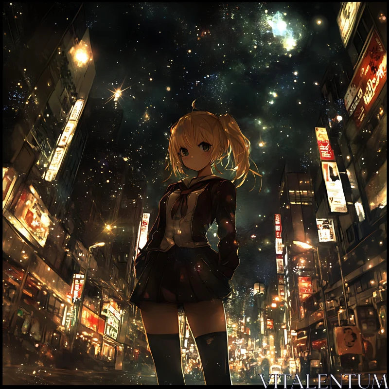 Anime City Night Scene with Starry Sky and Girl AI Image