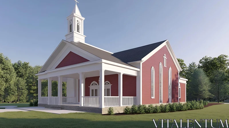 Red Church with Steeple and Green Surroundings AI Image