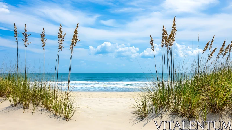 Seaside Serenity: Coastal Grass and Sandy Beach AI Image