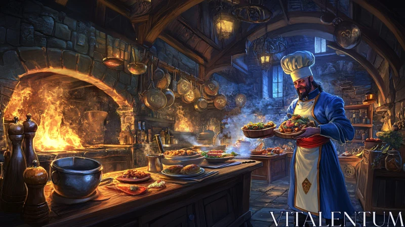 Rustic Kitchen with Chef and Fireplace AI Image