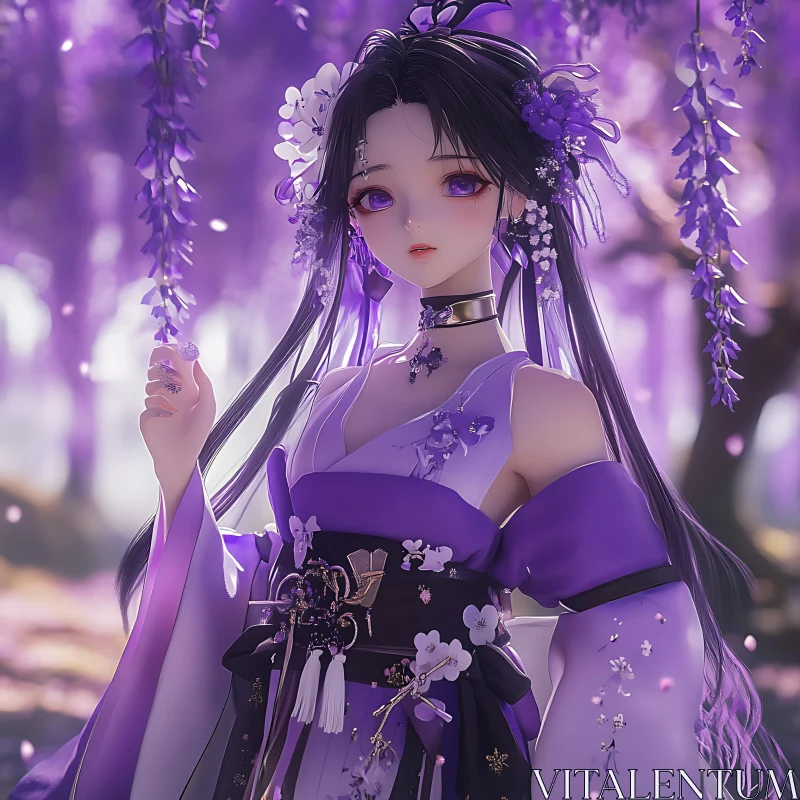 Elegant Anime Beauty in Floral Kimono Surrounded by Blossoms AI Image