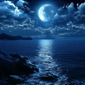 Night Seascape with Moon Reflection