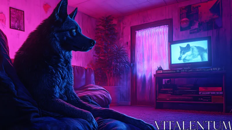 Neon Glow: Wolf Watching TV in Cozy Room AI Image