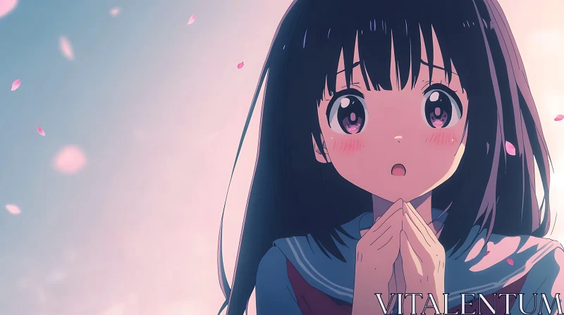 Emotional Anime Girl with Blossoms AI Image