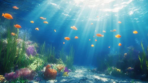 Sunlit Coral Reef with Orange Fish