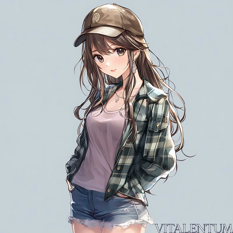 Casual Anime Girl in Plaid Shirt and Denim Shorts AI Image