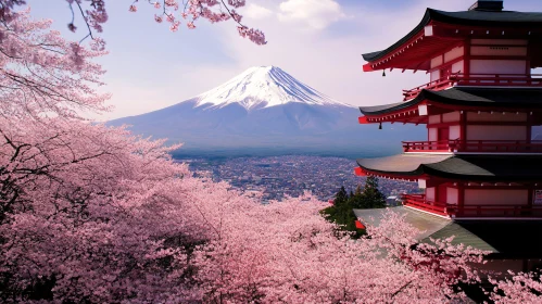 Japanese Spring Landscape with Mount Fuji