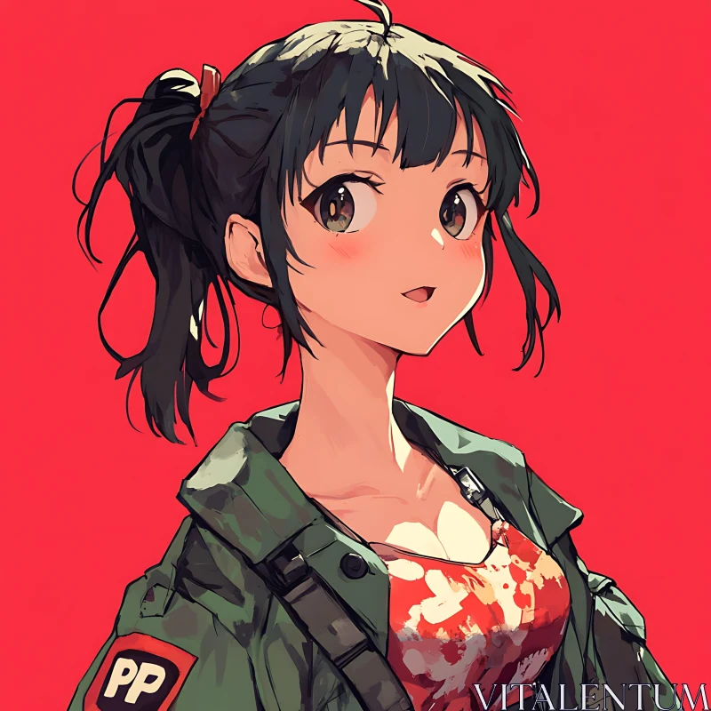 Anime Girl with Ponytail and Green Jacket AI Image