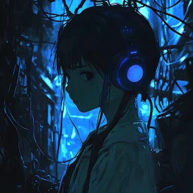 Cyberpunk Anime Girl in Blue Light