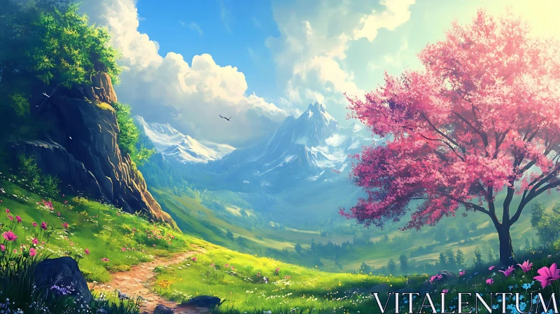 Scenic Mountain View with Pink Blossom Tree AI Image