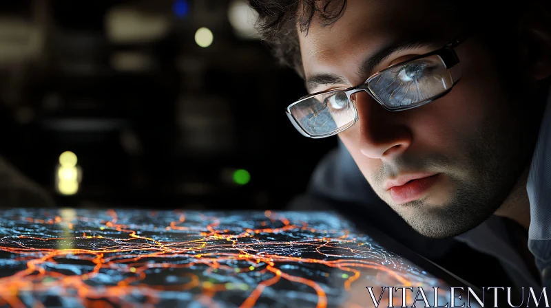 AI ART Man with Glasses Examining Glowing Data