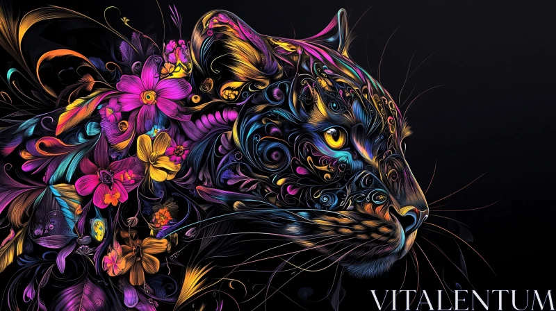 Vibrant Floral Feline Artwork AI Image