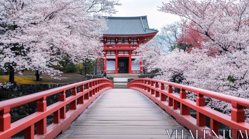 Red Bridge and Cherry Blossoms in Japan AI Image