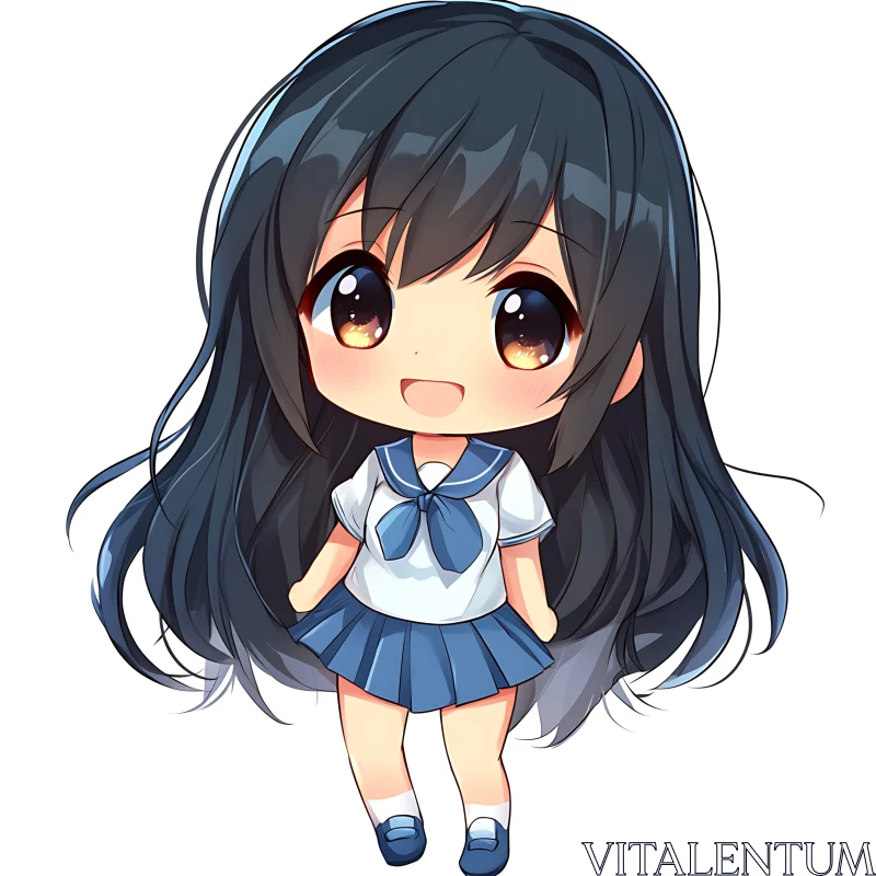 Chibi Girl Illustration in Blue School Uniform AI Image