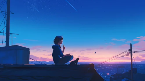 Sunset Rooftop Scene with Cat and Anime Girl