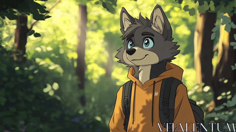 Cartoon Wolf Hiking in Forest AI Image