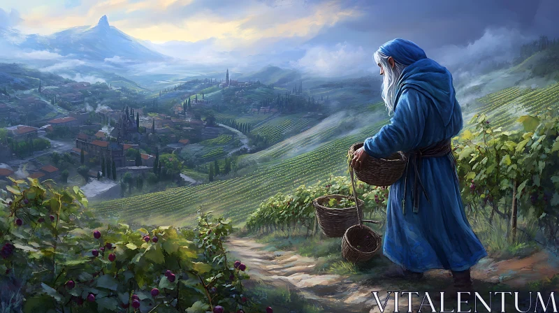 AI ART Scenic Vineyard Landscape with Blue-Clad Harvester