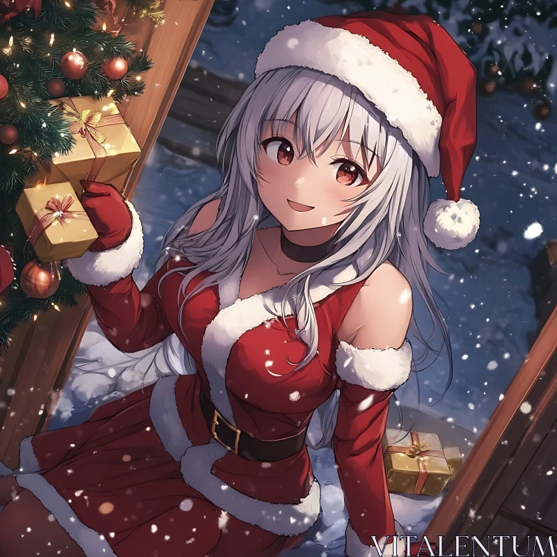 Festive Anime Girl with Silver Hair and Gifts AI Image