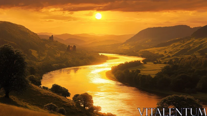 Scenic Sunset with River, Castles, and Hills AI Image