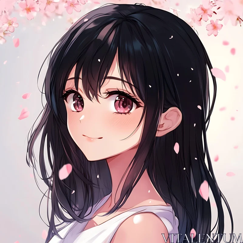 AI ART Anime Girl with Black Hair and Cherry Blossoms