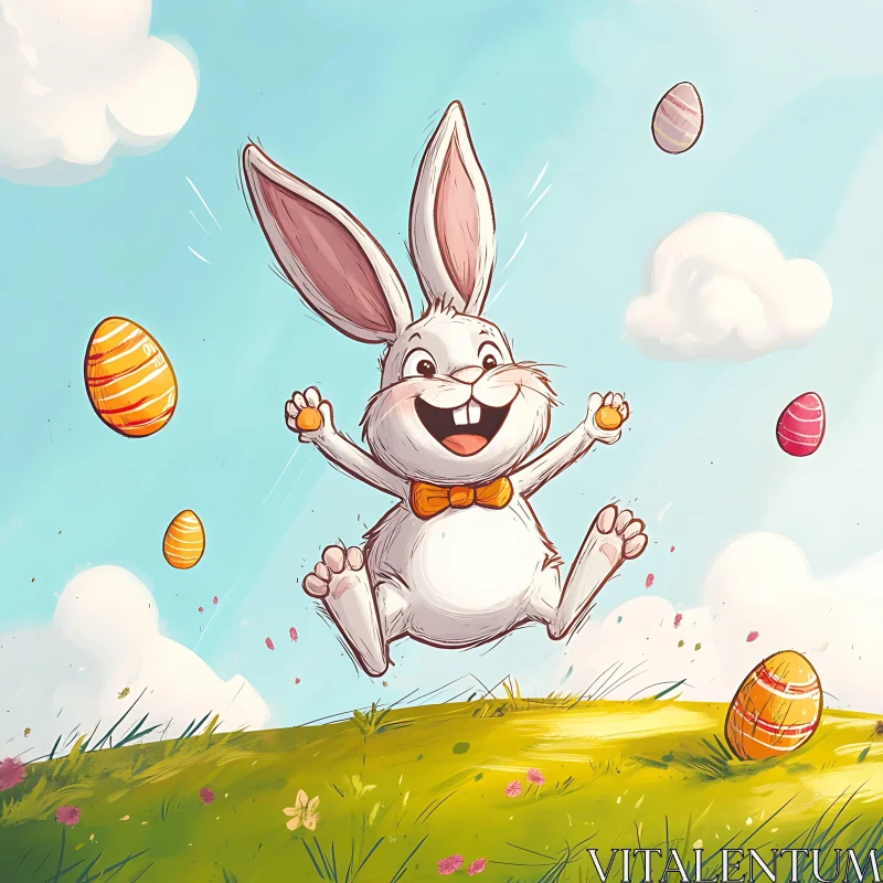 Cartoon Easter Bunny Jumping with Easter Eggs AI Image