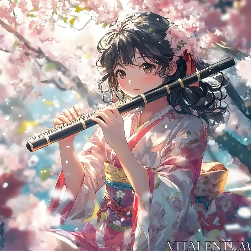 Serene Anime Girl in Kimono with Flute and Blossoms AI Image