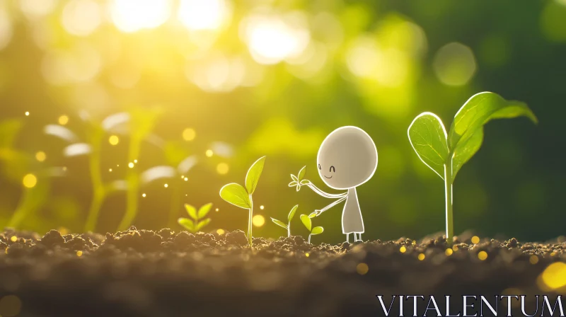 AI ART Cartoon Character Gardening Under Warm Sunlight