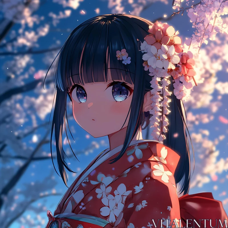 Anime Portrait of Girl in Kimono Amid Cherry Blossoms AI Image