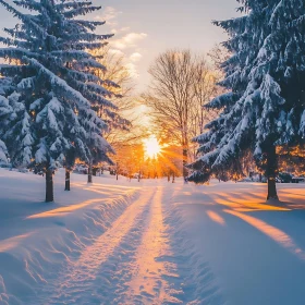 Golden Hour in Winter Forest