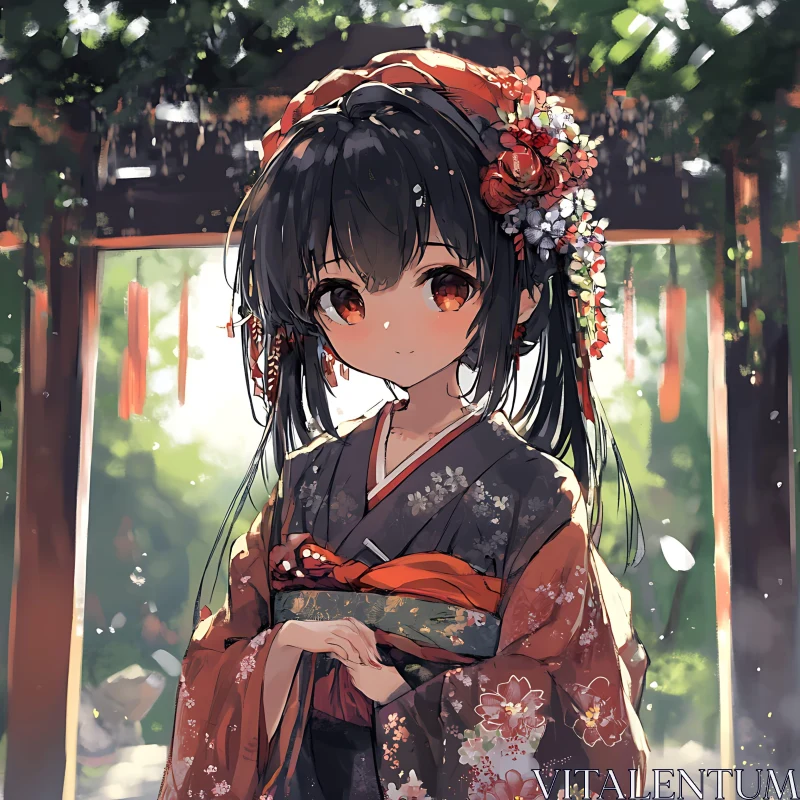 Traditional Anime Girl Under Sunlit Trees AI Image