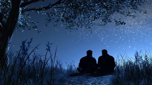 Starry Night Silhouette: Friends Under the Tree