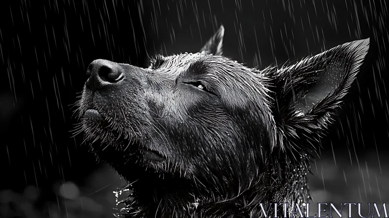 Serene Dog Enjoying Rainfall in Monochrome AI Image