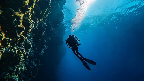 Scuba Diver Exploring Ocean Cave