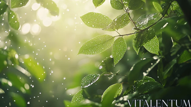 AI ART Sunlit Green Foliage with Water Drops