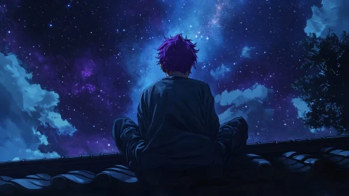 Contemplative Rooftop Stargazing in Anime Style