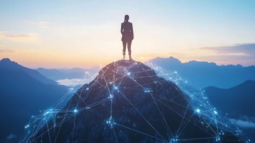 Woman Silhouette on Mountain with Network