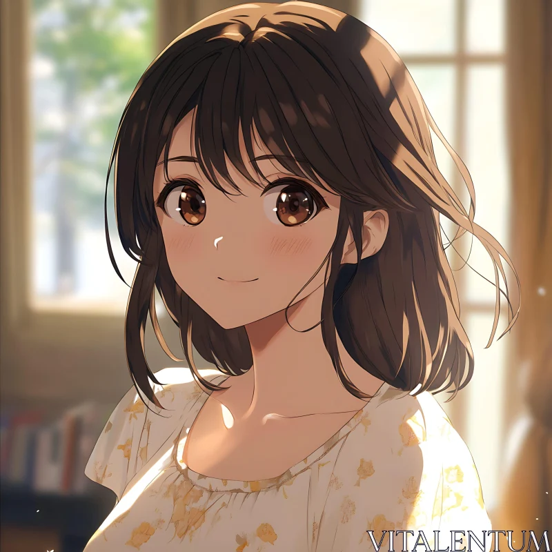 Anime Portrait of a Smiling Girl in Floral Dress AI Image