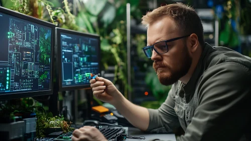 Man Inspecting Circuitry with Monitors