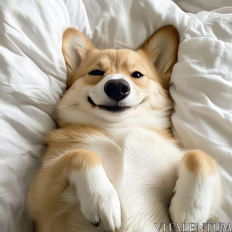 Corgi Relaxing in White Bed Sheets AI Image