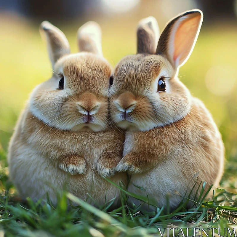 Two Adorable Rabbits Cuddling in Green Grass AI Image