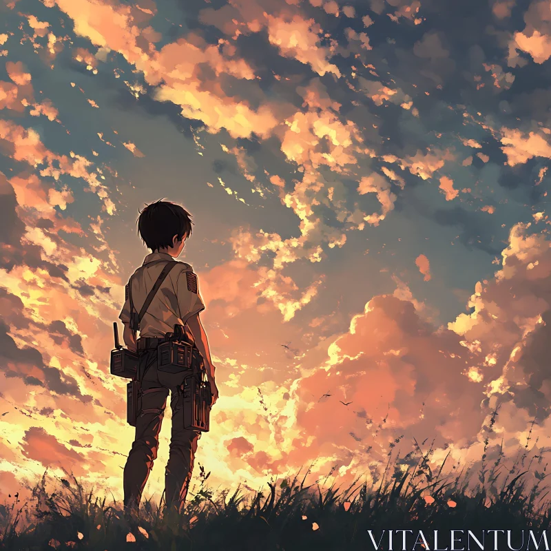 AI ART Anime Soldier in a Grassy Sunset Field