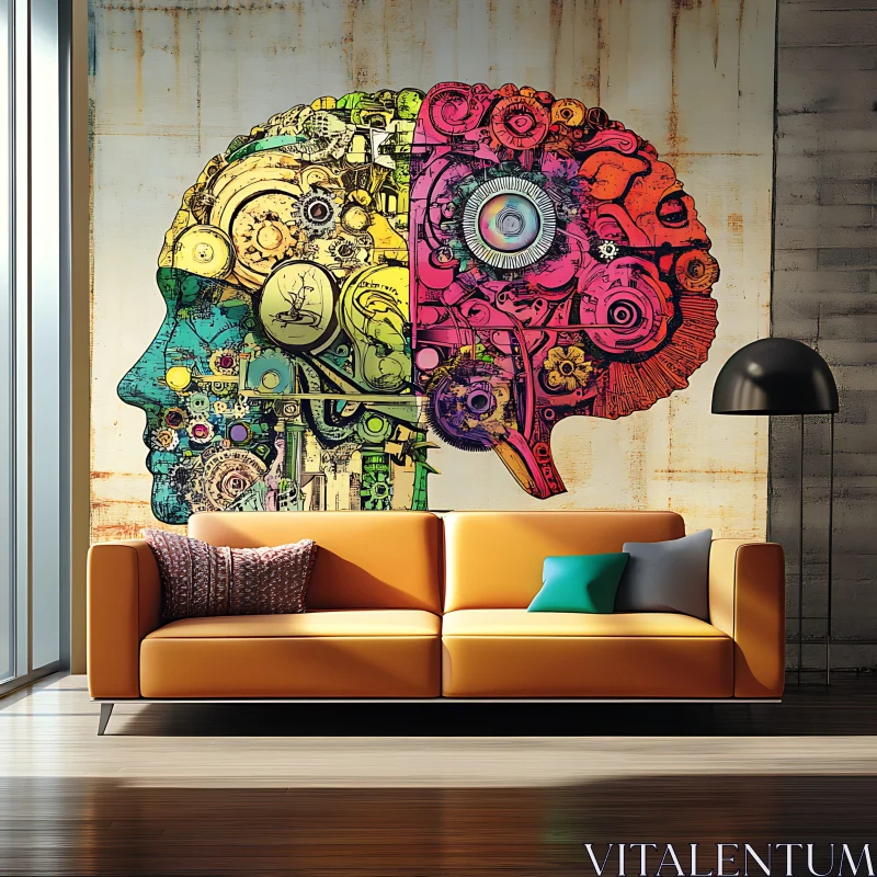 Abstract Brain Art Above Orange Sofa AI Image